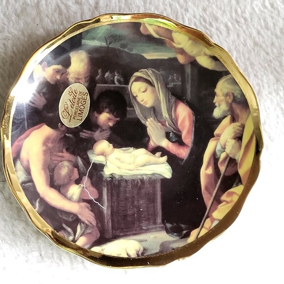 VINTAGE L'ETOILE PORCELAINE DE LIMOGES NATIVITY MINI PLATE 22K GOLD TRIM "BIN B" - Picture 1 of 6